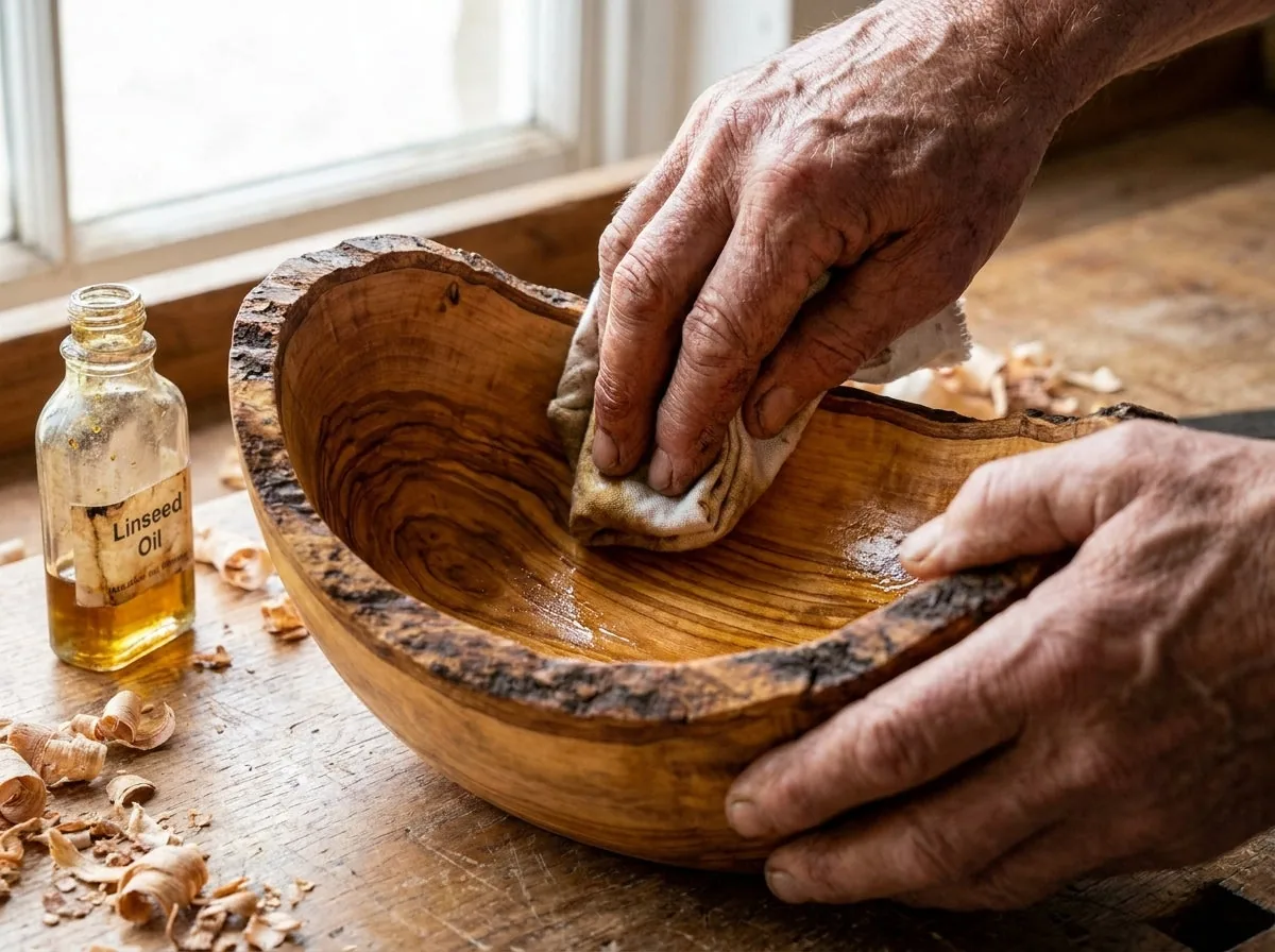 Cold-pressed linseed oil rubbed into the inside of an olive wood bowl