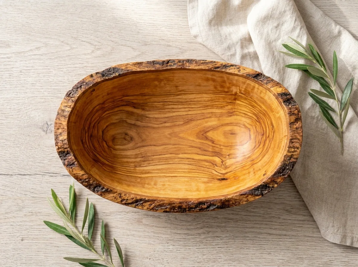 Overhead view of the empty olive wood bowl and its grain