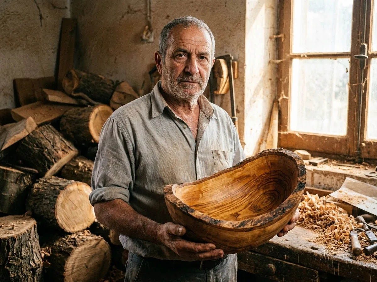 Salvatore Ricci holding a finished olive wood serving bowl in his Ostuni workshop