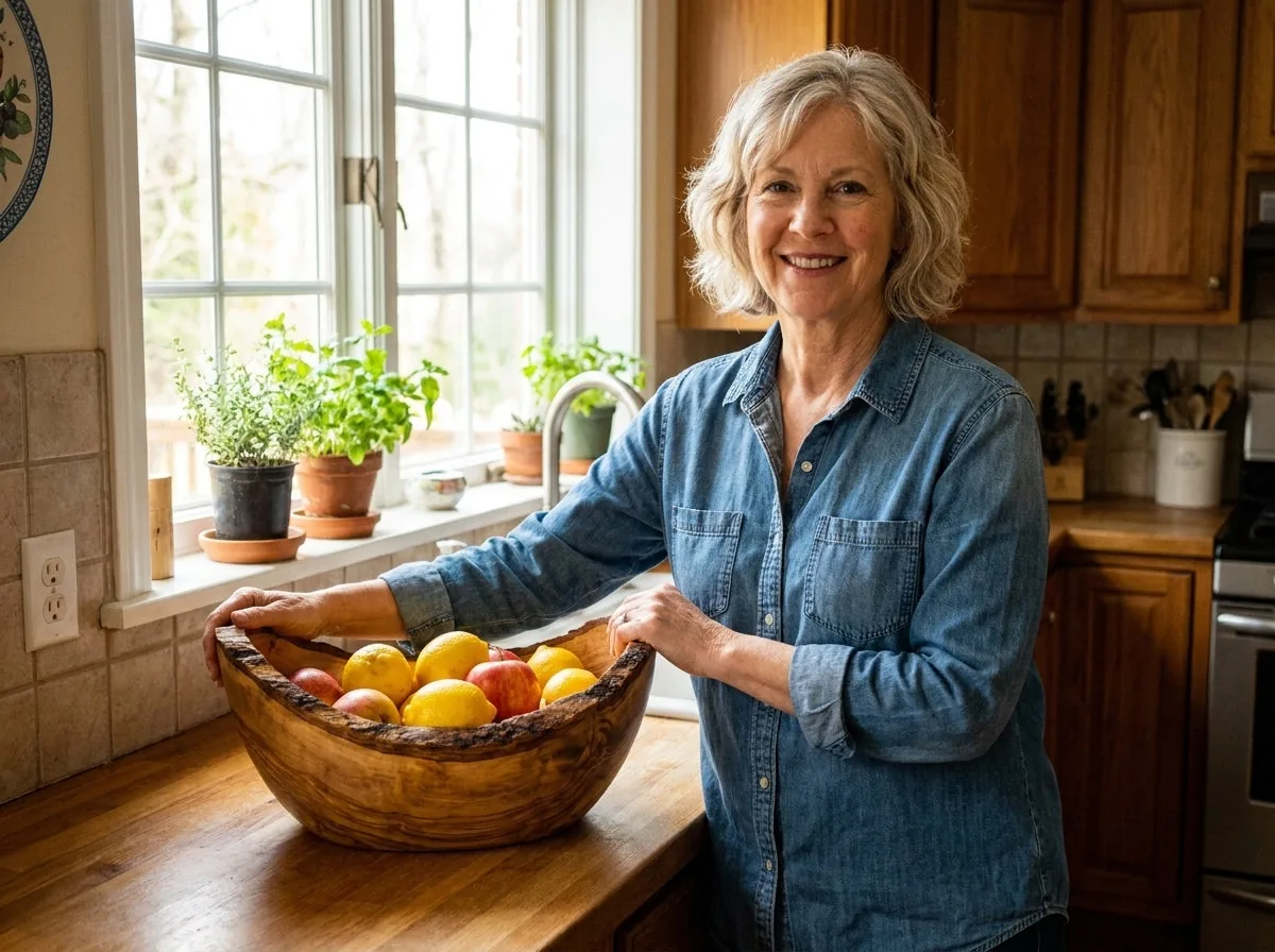 An American customer with her olive wood bowl on the kitchen counter